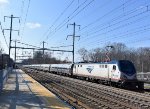  Sprinter # 619 pushing Amtrak NER Train # 121 out of PJC-what is unique about NER Train # 121 is that it uses both a standard Northeast Regional Set of eight cars attached to a typical Keystone set of five cars.